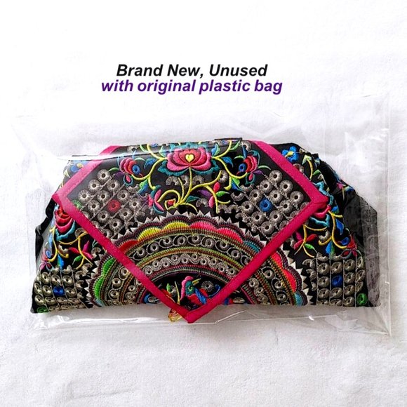 Embroidery Black Backpack Red Blue Boho Geometric Shapes FloralBird Shoulder Bag - Picture 11 of 12